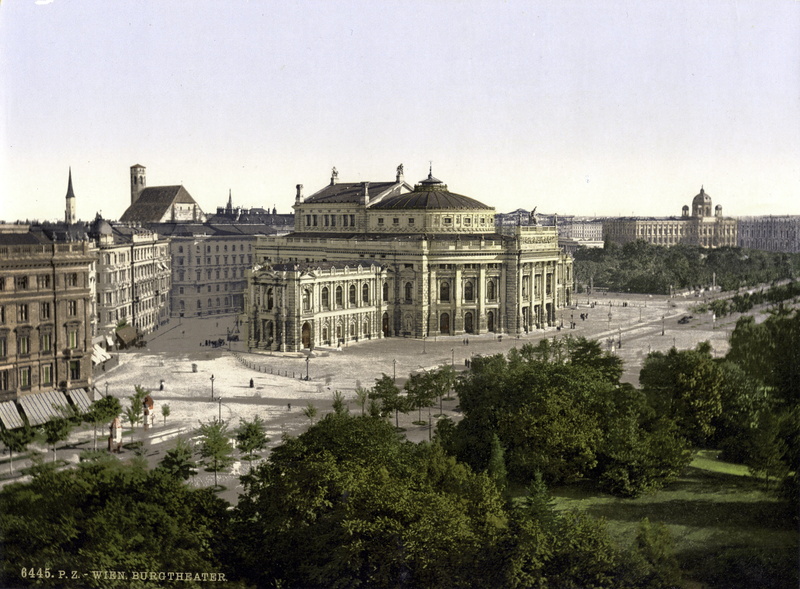 plant, urban Scene, copy space, Color photo, 1900, public domain, Vienna, building, city, day, travel, outdoors, Lithograph, color, built Structure, architectural column