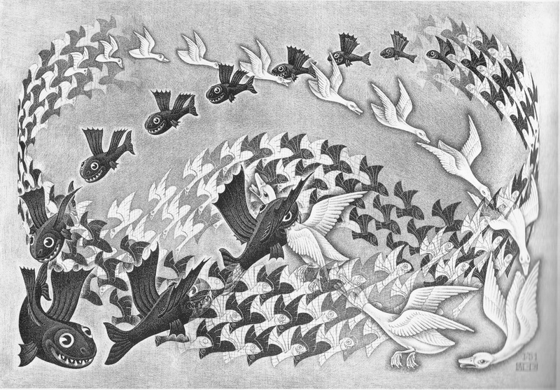 artwork m c_ escher monochrome psychedelic animals fish birds geese flying lithograph, archival, pattern, floral pattern, representation, animal representation