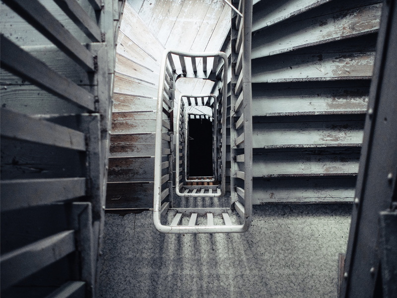 walking, directly below, ceiling, steps and staircases, low angle view, built structure, optical, creepy, building, architecture, metal, staircase, pattern