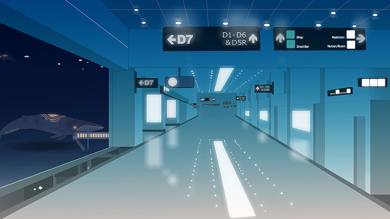 airport hallway whale surreal, 1080P
