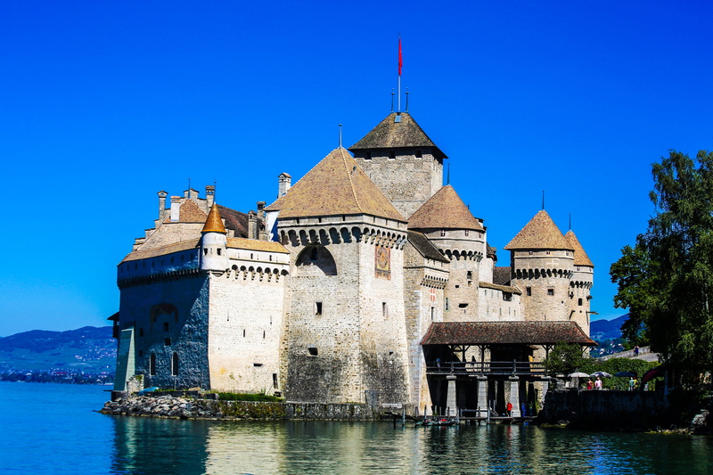 blue, castle, tourism, day, building exterior, landscape, building, medieval, river, fort, water, brown, tower, the past, no people, swiss, clear sky, body