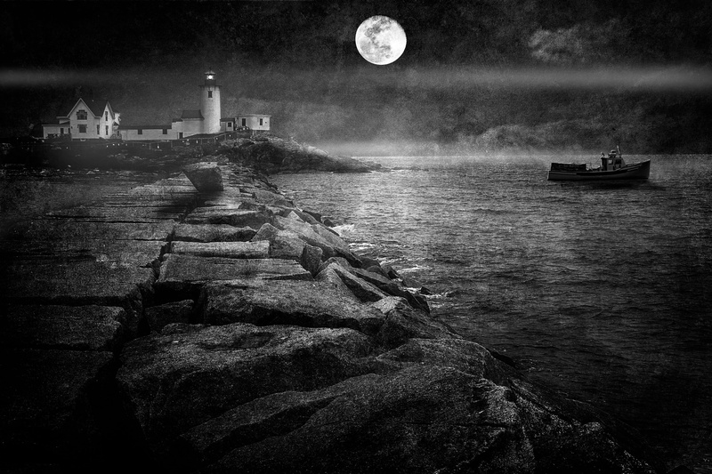 tranquil scene, built structure, 2K, outdoors, dusk, grayscale, sky, Gloucester, sea, architecture, rock, moon, near, transportation, ship, water, scenics - nature
