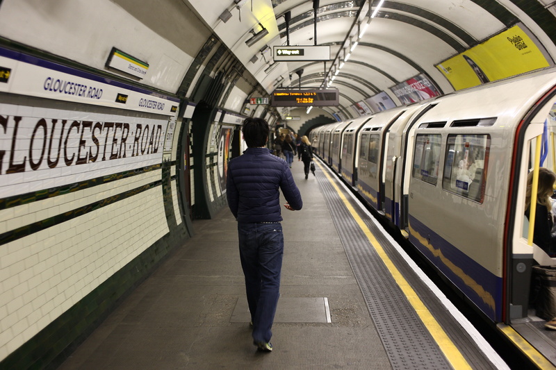 subway train, rail transportation, gloucester road station, train, full length, passenger train, united kingdom, train - vehicle, 5K, subway, rear view