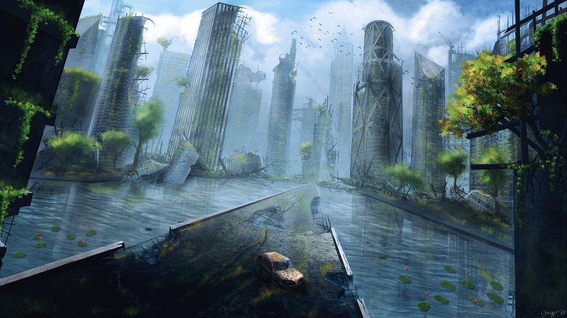 animal, apocalyptic, scenics - nature, plant, one animal, beauty in nature, long exposure, no people, city, architecture, flowing water, waterfall, artwork