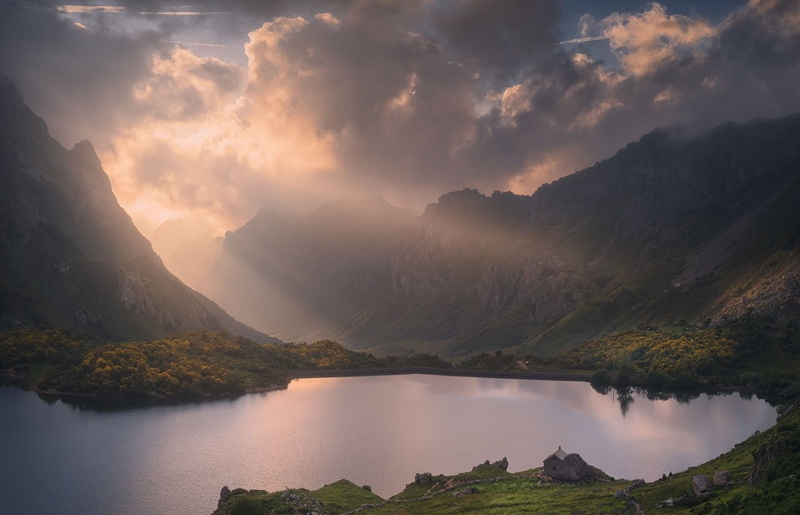 sunset, stone house, fall, body, cloud - sky, Spain, nature, forest, water, mountain range, photography, mountain, non-urban scene, no people, tranquility