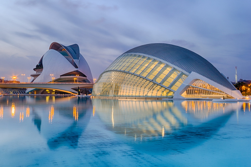 modernity, building exterior, water, shaped, outdoors, structure, travel destinations, surrounded, cityscape, illuminated, white, sky, valencia, travel
