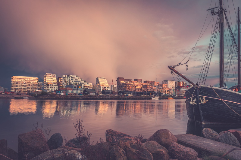 colour, architecture, denmark, river, 5K, sunset, outdoors, aarhus n, no people, reflection, illuminated, ship, cityscape, water, harbor, aarhus, marine