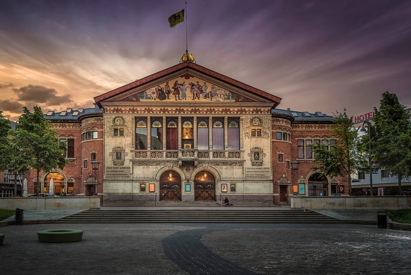 the evening, trees, the sky, area, Denmark, the building, theatre, clouds, home, Theatre in Aarhus, 2K