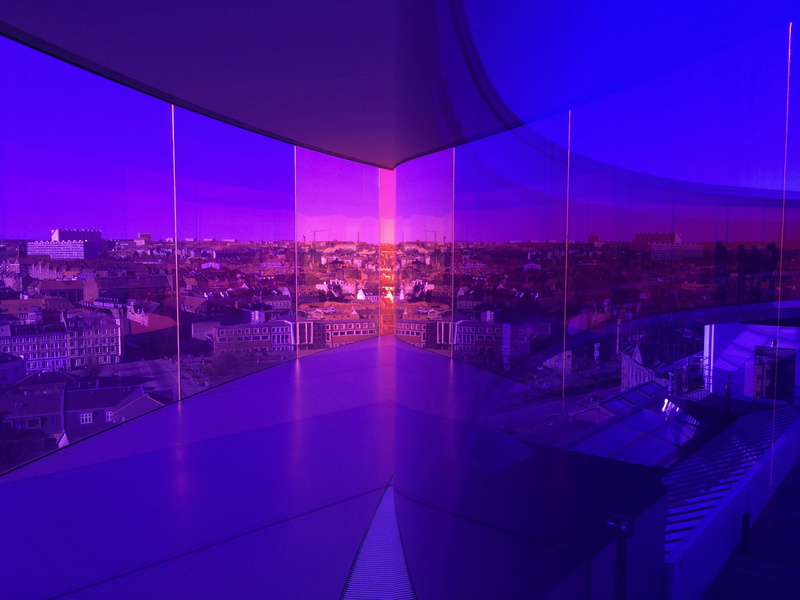 indoors, night, photography, illuminated, office building exterior, building, aros aarhus kunstmuseum, office building, town, cityscape, aros, blue, aarhus