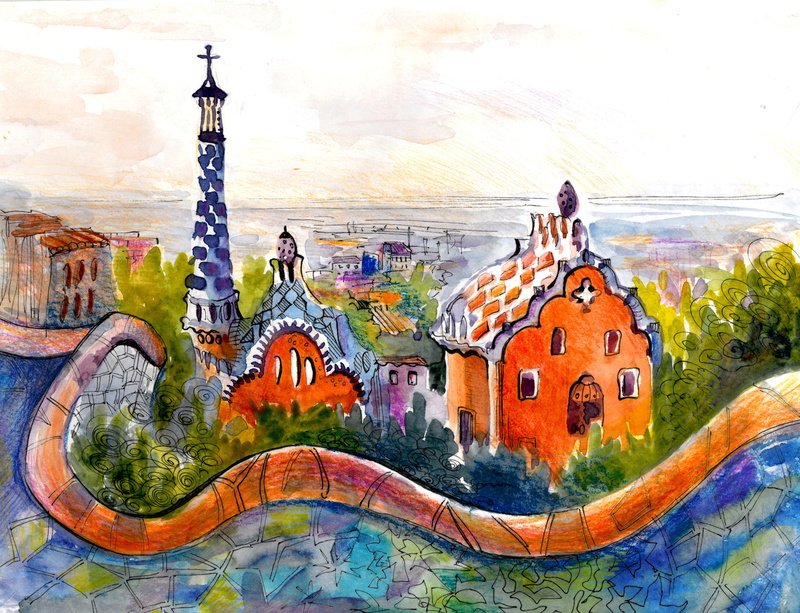 the city, building Exterior, religion, art and craft, outdoors, painted Image, europe, home, roof, male likeness, park Guell, nature, built Structure, representation