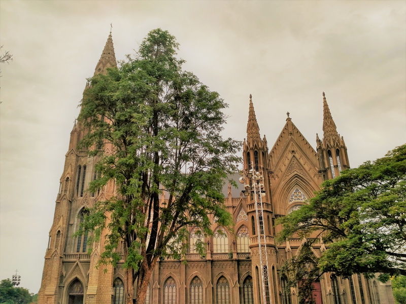 outdoors, religion, architecture, plant, low angle view, building, church, st philomenas cathedral, abbey, no people, spirituality, tree, belief, built structure