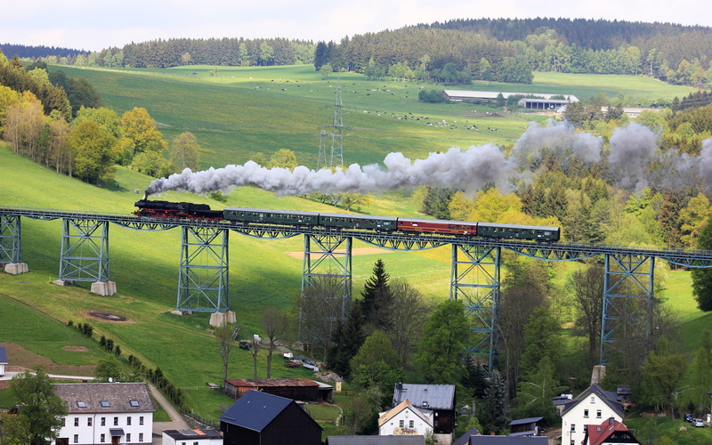 Saxony, Germany, Pasture, Bridge, 2K, Erzgebirge, Train, Houses