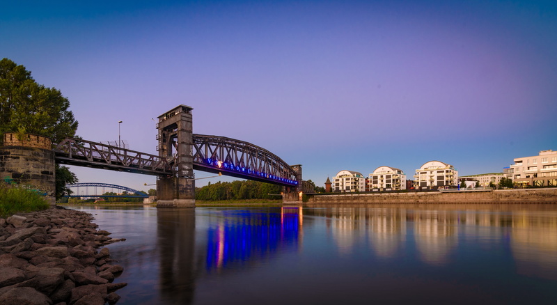 arch bridge, connection, night, travel destinations, nature, hubbrücke, architecture, bridge, magdeburg, dusk, bridge - man made structure, germany, water