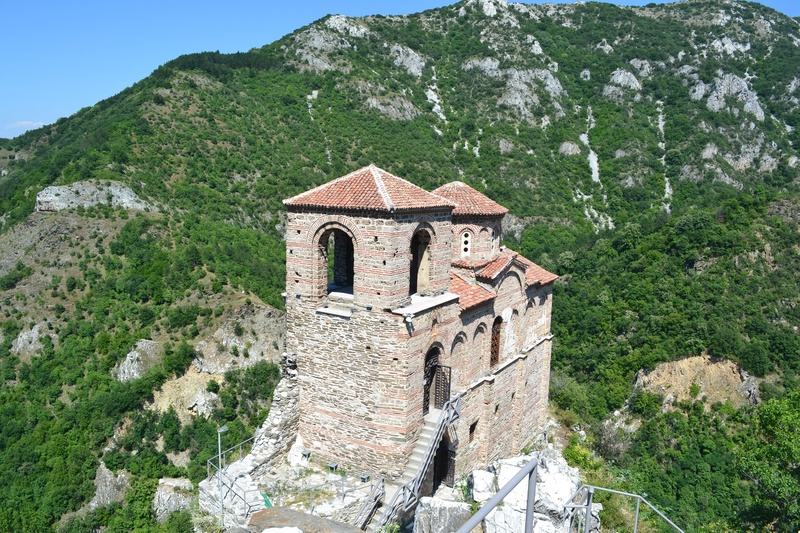 built structure, church, plant, bulgaria, mountain, low angle view, stone wall, touristic, monastery, medieval, religion, history, the past, tree, architecture