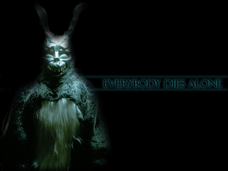 animal wildlife, dark, Donnie Darko, close-up, costume, human body part, indoors, art and craft, representation, night, 720P, one person, copy space, black background