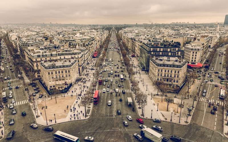 1080P, city street, sky, Champs-Élysées, land vehicle, aerial view, Paris, rug, motor vehicle, transportation, area, high angle view, blue, cloud - sky