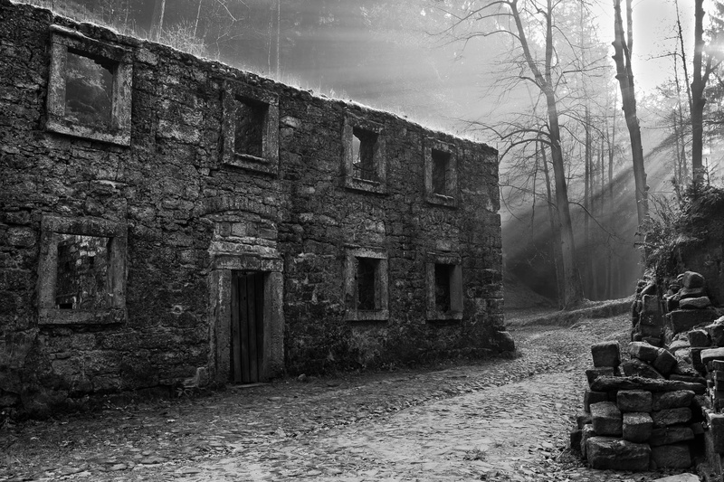 outdoors, no people, obsolete, monochrome, decline, building exterior, photography, history, architecture, old, sun rays, sky, nature, day, plants, built structure