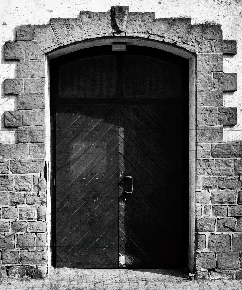 building exterior, old fashioned, no people, building, wall - building feature, doors, brick wall, house, Door, closed, black and white, safety, portal