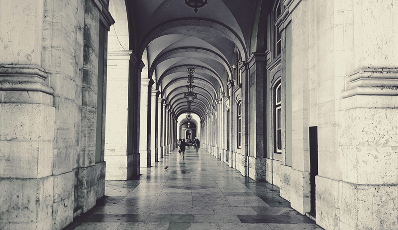 walking, lichtspiel, city, full length, rear view, 2K, old town, architecture, the way forward, lisbon, shadow, arcades, architectural column, day, arcade