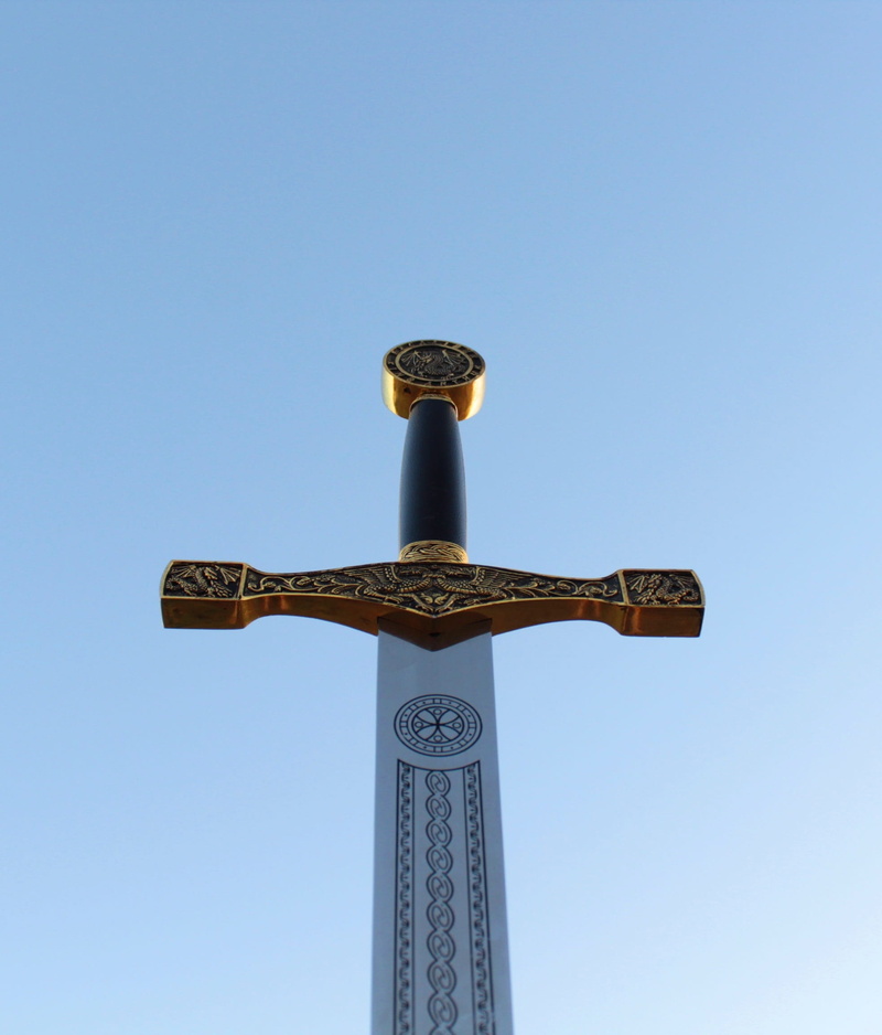 sword, excalibur, copy space, travel destinations, spirituality, against the sky, clear sky, 1080P, blue, sunlight, architecture, ornate, sky, nature