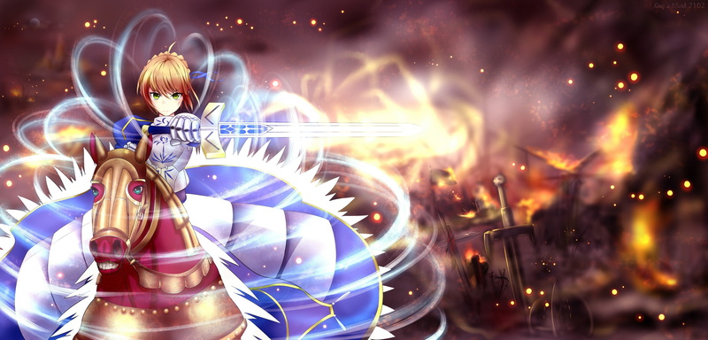 horses, fate, saber, fate stay, 4K, night, series, anime, girls, weapons, swords, eyes, green, hair, fate zero, ornaments, excalibur, blondes