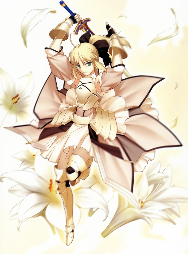 Fate/stay Night, night, detached, fate, fatestay, art, lily, girls, hd, stay, sleeves, anime, blondes, excalibur, 2K, fantasy, saber, weapons