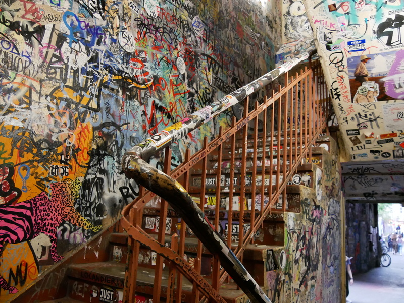creativity, architecture, grafiti, staircase, berlin, metal, paint, messy, stickets, art and craft, street art, wall - building feature, indoors, stairs