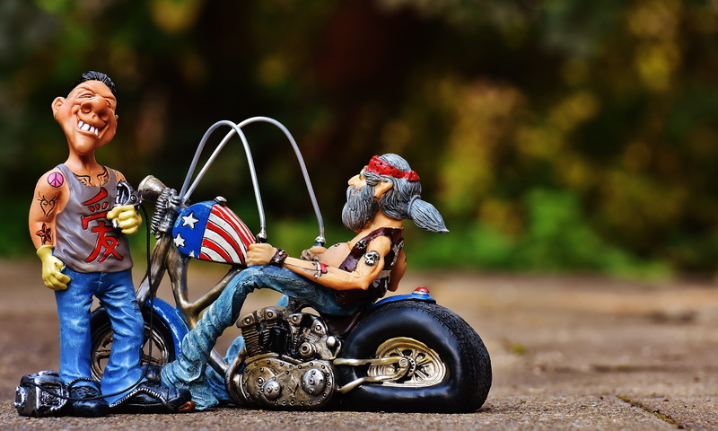 full length, outdoors, 5K, funny, transportation, sitting, smiling, tattoo, adult, front view, figures, scooter, road, decoration, ride, focus on foreground