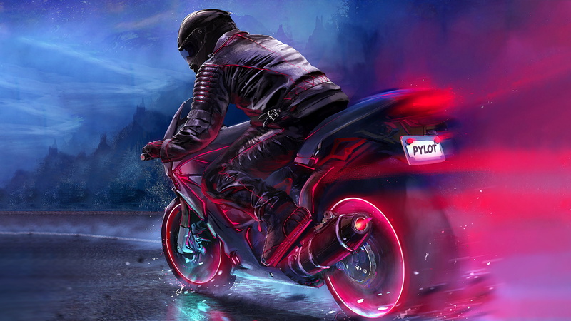 4K, Biker, RetroWave art, Neon, 4K
