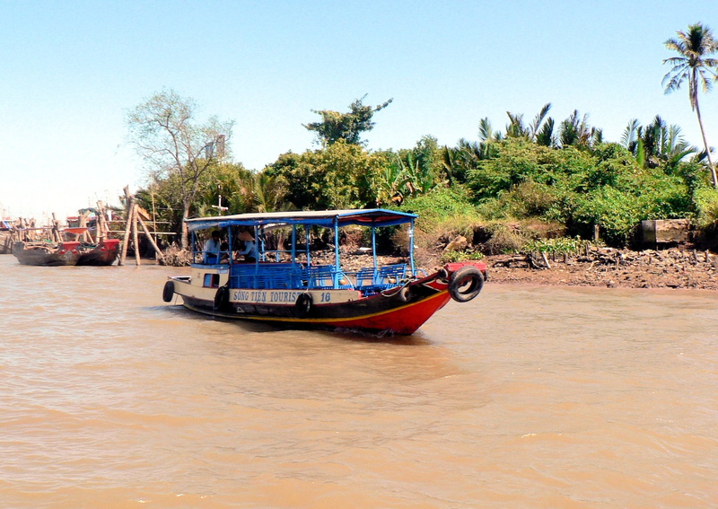 passenger craft, clear sky, waterfront, travel, thailand, viet nam, nautical Vessel, river, men, transportation, sunlight, plant, tree, sky, boat, nature