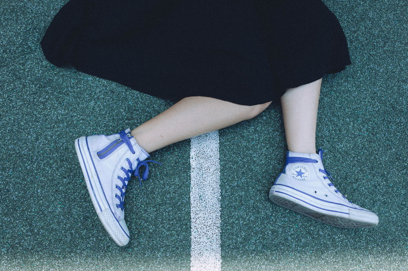 human foot, women, indoors, sport, sneaker, sports, standing, converse, floor, 4K, high angle view, low section, real people, running shoe, limb, girl