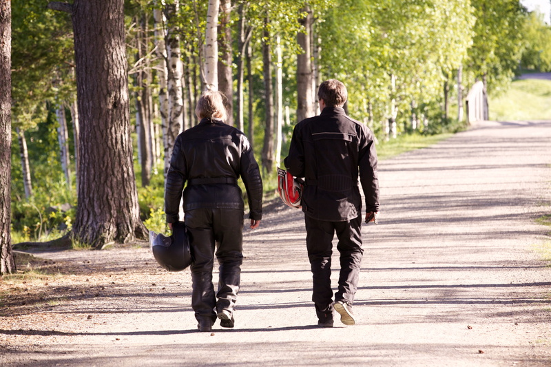 tree, rear view, day, transportation, women, Bikers, Couple, adult, walking, outdoors, togetherness, couple - relationship, casual clothing, people, 5K