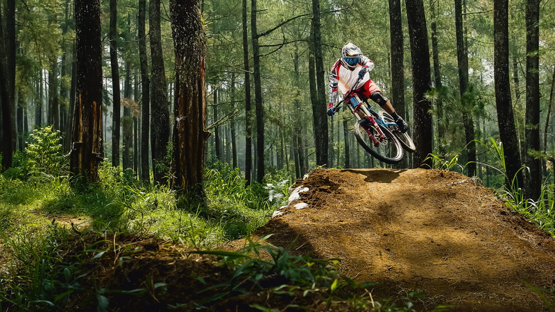 biker, daytime, mountain, racing, bicycle, land, person, obstacle, green, dirt, lifestyles, leisure activity, extreme sports, track, woodland, motion, helmet