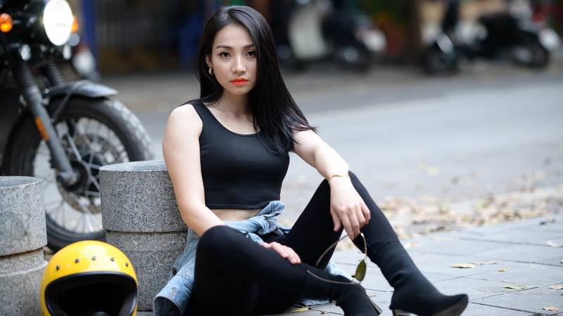 bracelets, motorcycle, women, dark hair, long hair, jeans jacket, 1080P, Asian, black pants, helmet, sitting, model, leaning, depth of field, Black top