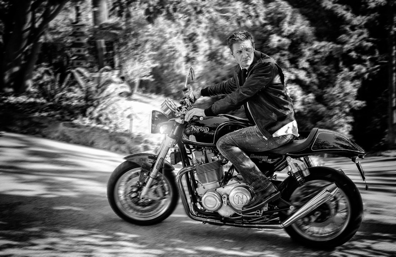 photoshoot, black and white, Hashtag Legend, Jeremy Renner, headlights, 1080P, jeans, biker, road, motorcycle, bike, jacket, blur, trees, bokeh, Sarah