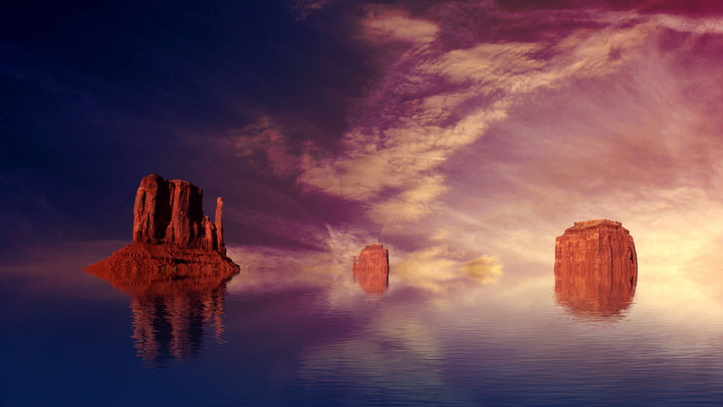 Mountains, Unusual, Water, Rock, Scenery, Red, 2K