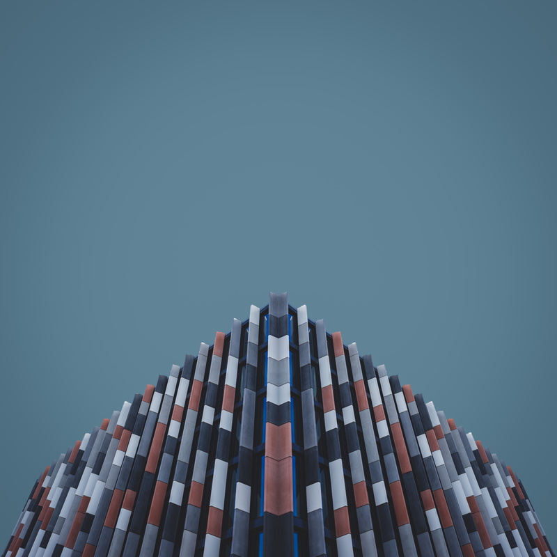 building, tall - high, artwork, symmetry, architekture, sky, apartment, outdoors, day, minimal, architecture, modern, no people, 8K, blue, colorful, clear sky