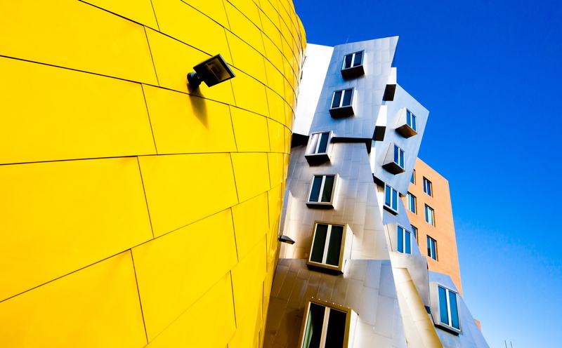 sunlight, yellow, apartment, modern, nature, frank, blue, geometrical, building exterior, 5K, day, directly below, wall - building feature, built structure