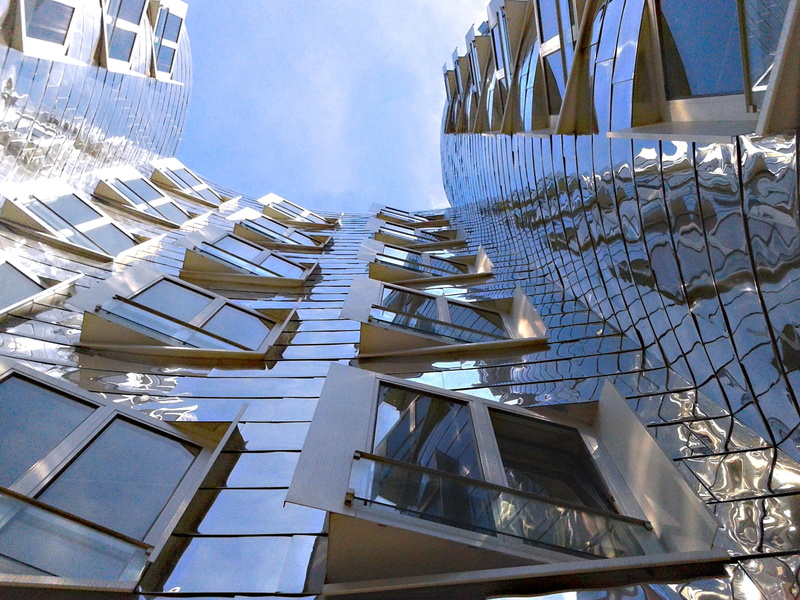 no people, window, skyscraper, tall - high, tower, gehry, architecture, nature, facade, directly below, low angle view, outdoors, reflection, modern, residential district