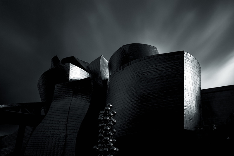 city, sky, museo, bilbao, 4K, no people, dark, night, contrast, cloud - sky, travel destinations, nature, long-exposure, building, monochrome, photo, famous
