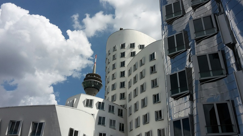 perspective, media harbour, concrete, gehry, residential district, modern architecture, building, travel, window, religion, city, modern building, outdoors