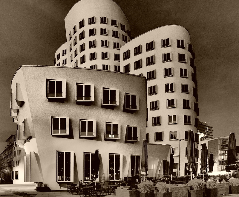 media harbour, street, outdoors, gehry buildings, sky, built structure, city life, motor vehicle, architecture, day, residential district, city, car, window
