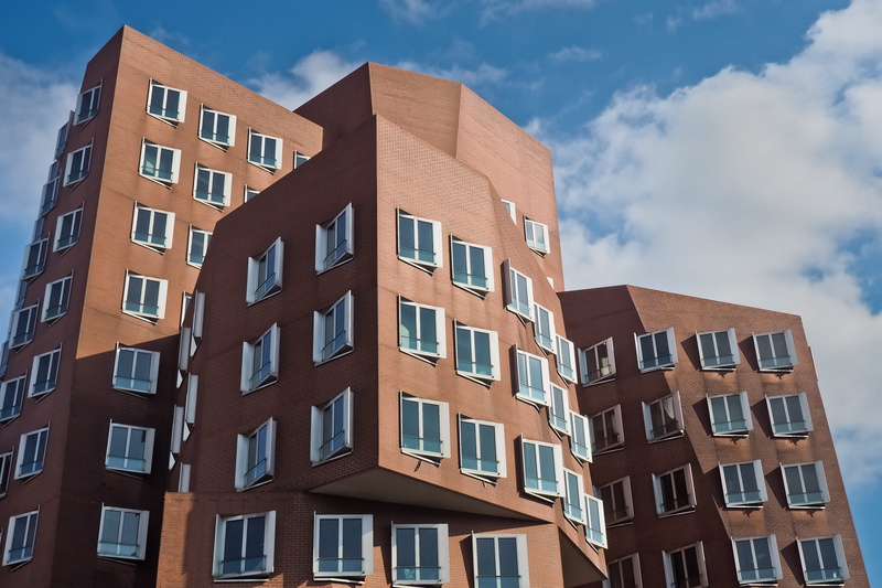 outdoors, places of interest, rhine river, landmark, sunlight, gehry buildings, housing development, glass - material, brick, modern, nature, house, row house