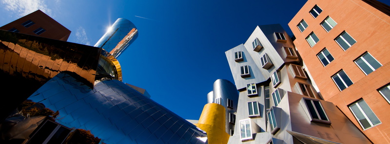 clear sky, outdoors, no people, gehry, buildings, building exterior, gray, low angle view, directly below, 5K, Beantown, city, travel destinations, architecture