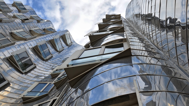 reflection, 4K, düsseldorf, photography, gehry, skyscraper, built structure, low angle view, luxury, city, day, low, chrome, industry, building, outdoors