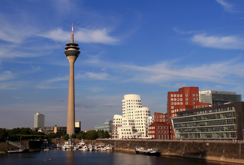 media harbour, architecture, skyscraper, germany, düsseldorf, city, cityscape, office building exterior, architecture of gehry skyscrapers, tall - high