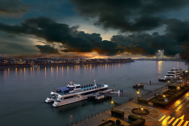 illuminated, rhine, yacht, architecture, transportation, pier, high angle view, mode of transportation, moored, nautical vessel, bonn, no people, water