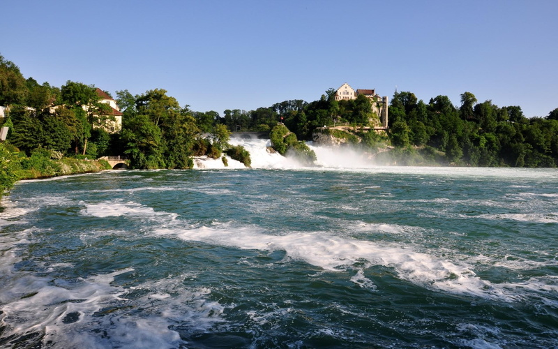 nature, trees, sunny, waterfall, falls, greenery, rhine, switzerland, view, house, water, cascade, 1080P, stream