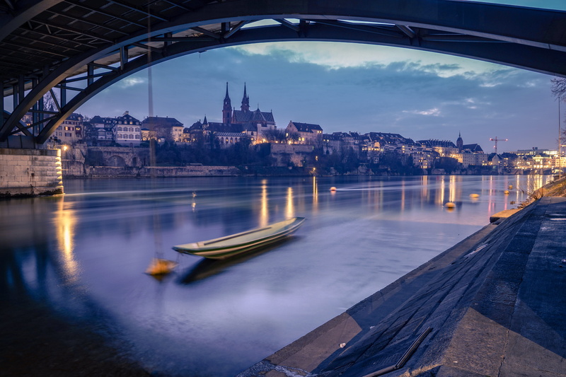 arch bridge, outdoors, bridge - man made structure, nautical vessel, skyline, basel, building exterior, transportation, boat, bridge, reflection, arch