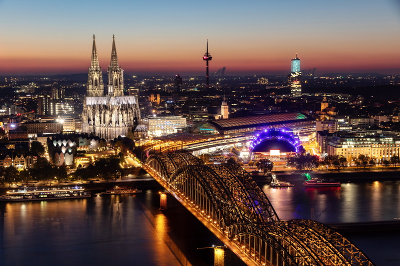 travel destinations, building exterior, illuminated, night, travel, city, water, cityscape, north rhine westphalia, 5K, office building exterior, spire